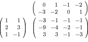 \begin{displaymath}
\begin{array}{ll}
&\left(
\begin{array}{rrrr}
0&1&-1&-2\\
-...
...1&-1\\
-9&-4&-2&-1\\
3&3&-1&-3
\end{array}\right)
\end{array}\end{displaymath}