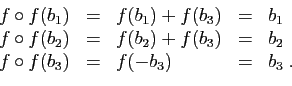 \begin{displaymath}
\begin{array}{lclcl}
f\circ f(b_1)&=&f(b_1)+f(b_3)&=&b_1\\
...
...2)+f(b_3)&=&b_2\\
f\circ f(b_3)&=&f(-b_3)&=&b_3\;.
\end{array}\end{displaymath}
