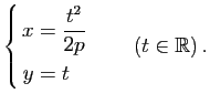 $\displaystyle \left\{ \begin{aligned}x&=\dfrac{t^2}{2p}\\ y&=t \end{aligned} \right. \qquad (t\in \mathbb{R})\, .$