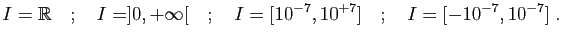 $\displaystyle I = \mathbb{R}
\quad;\quad
I=]0,+\infty[
\quad;\quad
I=[10^{-7},10^{+7}]
\quad;\quad
I=[-10^{-7},10^{-7}]\;.
$