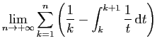 $\displaystyle \displaystyle{
\lim_{n\to+\infty} \sum_{k=1}^n \left(\frac{1}{k}-\int_k^{k+1}
\frac{1}{t} \mathrm{d}t
\right)}$