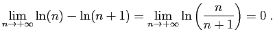 $\displaystyle \lim_{n\to+\infty} \ln(n)-\ln(n+1) = \lim_{n\to+\infty} \ln\left(
\frac{n}{n+1}\right) = 0 \;.
$