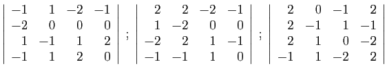 $\displaystyle \left\vert\begin{array}{rrrr}
-1&1&-2&-1\\
-2&0&0&0\\
1&-1&1&2\...
...y}{rrrr}
2&0&-1&2\\
2&-1&1&-1\\
2&1&0&-2\\
-1&1&-2&2
\end{array}\right\vert
$