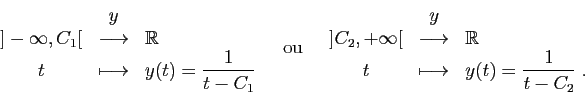 \begin{displaymath}
\begin{array}{ccl}
&y&\\
]-\infty,C_1[&\longrightarrow&\mat...
...&\longmapsto&y(t)=\displaystyle{\frac{1}{t-C_2}}\;.
\end{array}\end{displaymath}