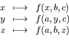 \begin{displaymath}
\begin{array}{rcl}
x&\longmapsto&f(x,b,c)\\
y&\longmapsto&f(a,y,c)\\
z&\longmapsto&f(a,b,z)\\
\end{array}\end{displaymath}