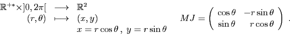 \begin{displaymath}
\begin{array}{rcl}
\mathbb{R}^{+*}\times ]0,2\pi[&\longright...
...a&-r\sin\theta\\
\sin\theta&r\cos\theta
\end{array}\right)\;.
\end{displaymath}