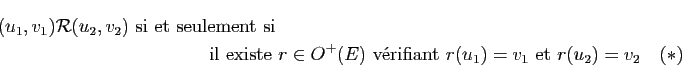 \begin{multline*}
(u_1,v_1) \mathcal R (u_2,v_2) \text{ si et seulement si}\\
\...
...(E) \text{ vrifiant }r(u_1)=v_1 \text{ et }r(u_2)=v_2 \quad (*)
\end{multline*}