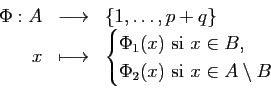 \begin{displaymath}\begin{array}{rcl}
\Phi:A&\longrightarrow&\{1,\dots,p+q\}\\
...
...\
\Phi_2(x)\text{ si }x\in A\setminus B
\end{cases}\end{array}\end{displaymath}
