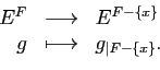 \begin{displaymath}\begin{array}{rcl}
E^F&\longrightarrow&E^{F-\{x\}}\\
g&\longmapsto&g_{\mid F-\{x\}}.
\end{array}\end{displaymath}