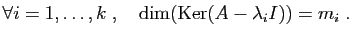 $\displaystyle \forall i=1,\ldots,k\;,\quad \mathrm{dim}(\mathrm{Ker}(A-\lambda_i I))=m_i\;.
$