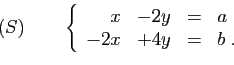 \begin{displaymath}
(S)\qquad
\left\{
\begin{array}{rrcl}
x&-2y&=&a\\
-2x&+4y&=&b\;.
\end{array}\right.
\end{displaymath}
