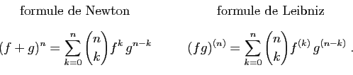 \begin{displaymath}
\begin{array}{ccc}
\mbox{formule de Newton}&\quad&\mbox{form...
...} = \sum_{k=0}^n \binom{n}{k}f^{(k)} g^{(n-k)}}\;.
\end{array}\end{displaymath}