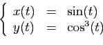 \begin{displaymath}
\left\{
\begin{array}{lcl}
x(t)&=& \sin(t)\\
y(t)&=& \cos^3(t)
\end{array}\right.
\end{displaymath}