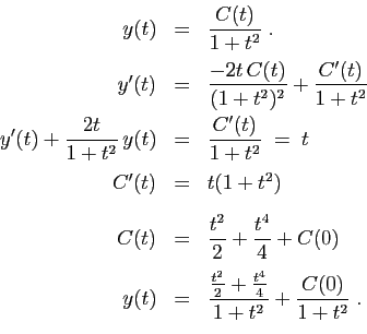 \begin{displaymath}
\begin{array}{rcl}
y(t) &=& \displaystyle{
\frac{C(t)}{1+t^2...
...}{2}+\frac{t^4}{4}}{1+t^2} +\frac{C(0)}{1+t^2}\;.
}
\end{array}\end{displaymath}