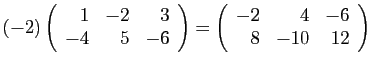 $ (-2)
\left(\begin{array}{rrr}
1&-2&3\\
-4&5&-6\end{array}\right)
=
\left(\begin{array}{rrr}
-2&4&-6\\
8&-10&12\end{array}\right)
$