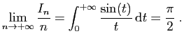 $\displaystyle \lim_{n\to+\infty} \frac{I_n}{n} =
\int_0^{+\infty} \frac{\sin(t)}{t} \mathrm{d}t = \frac{\pi}{2}\;.
$